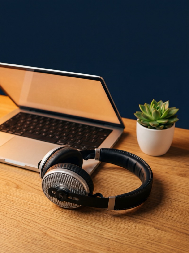 Professional support desk with headset and laptop