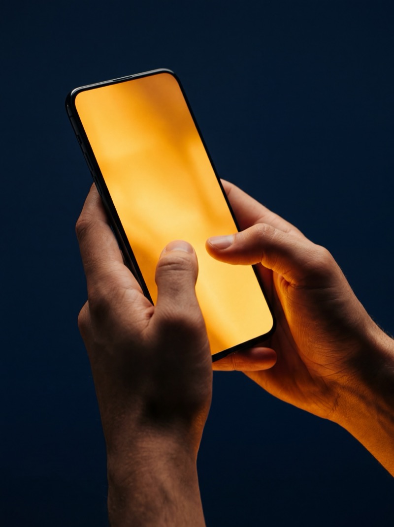 Close-up of hands texting a gift in warm golden light