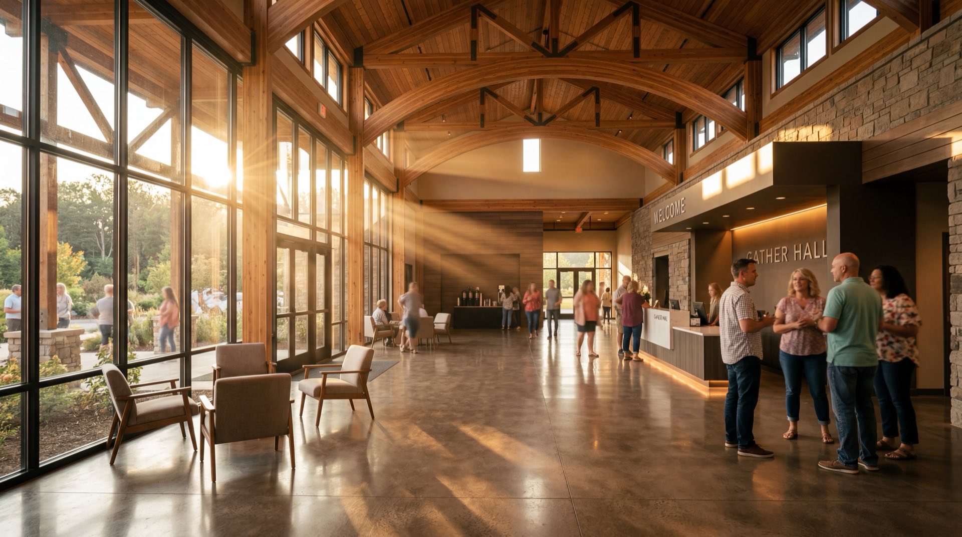 Warm church lobby with golden light streaming through glass walls