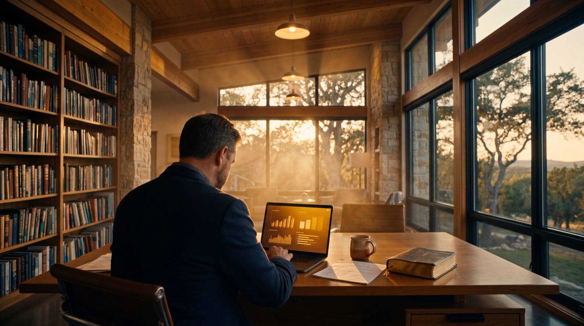 Church leader reviewing giving analytics dashboard in warm study