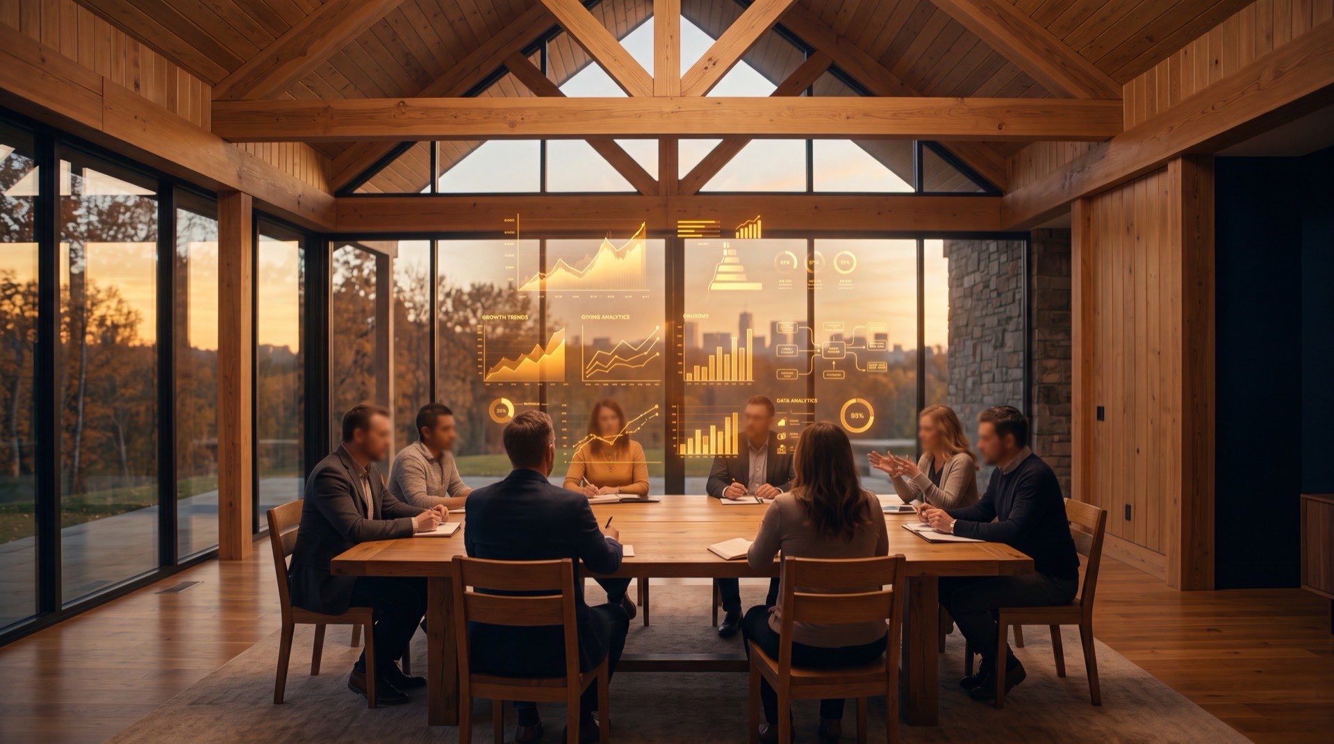 Church leadership room with warm amber data visualizations representing giving analytics