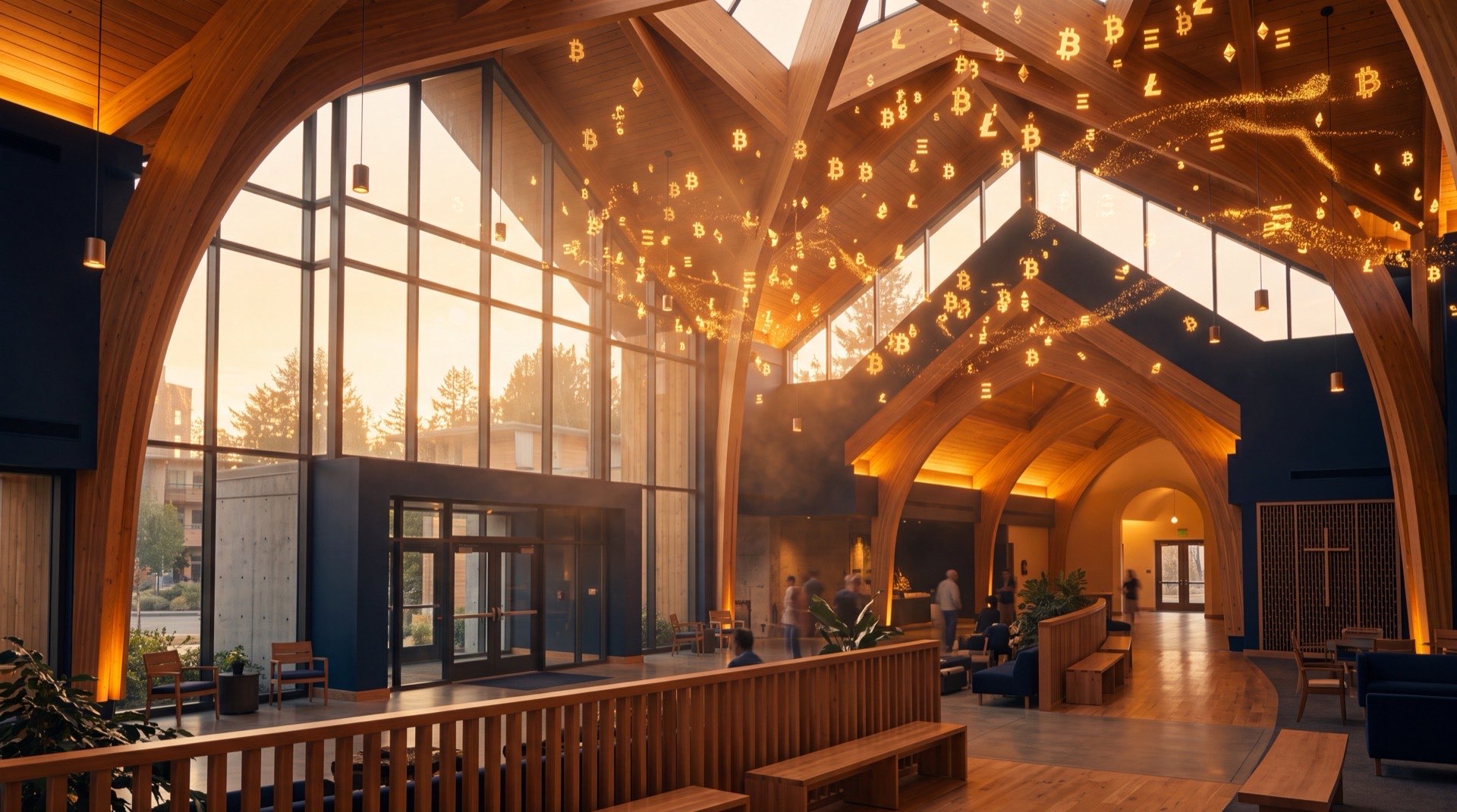 Modern church lobby with warm amber light representing cryptocurrency innovation