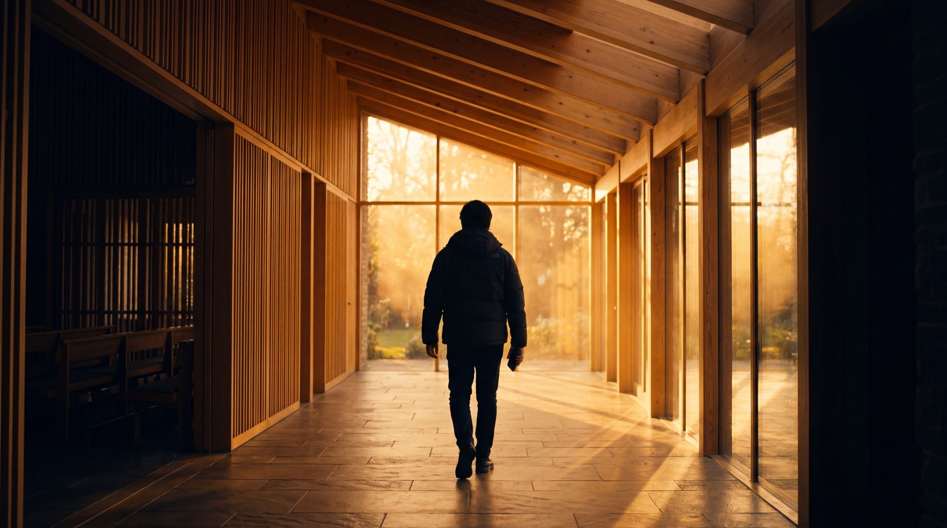 Person walking through warm church corridors with phone ready to give