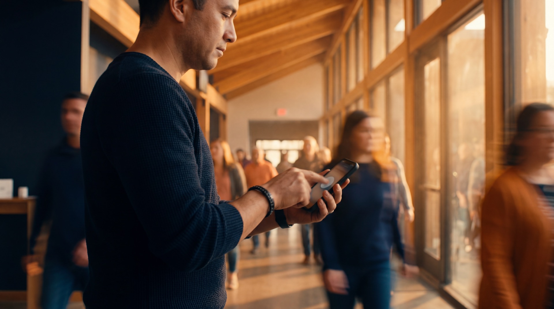 Church technology integration with warm amber glow and connected systems