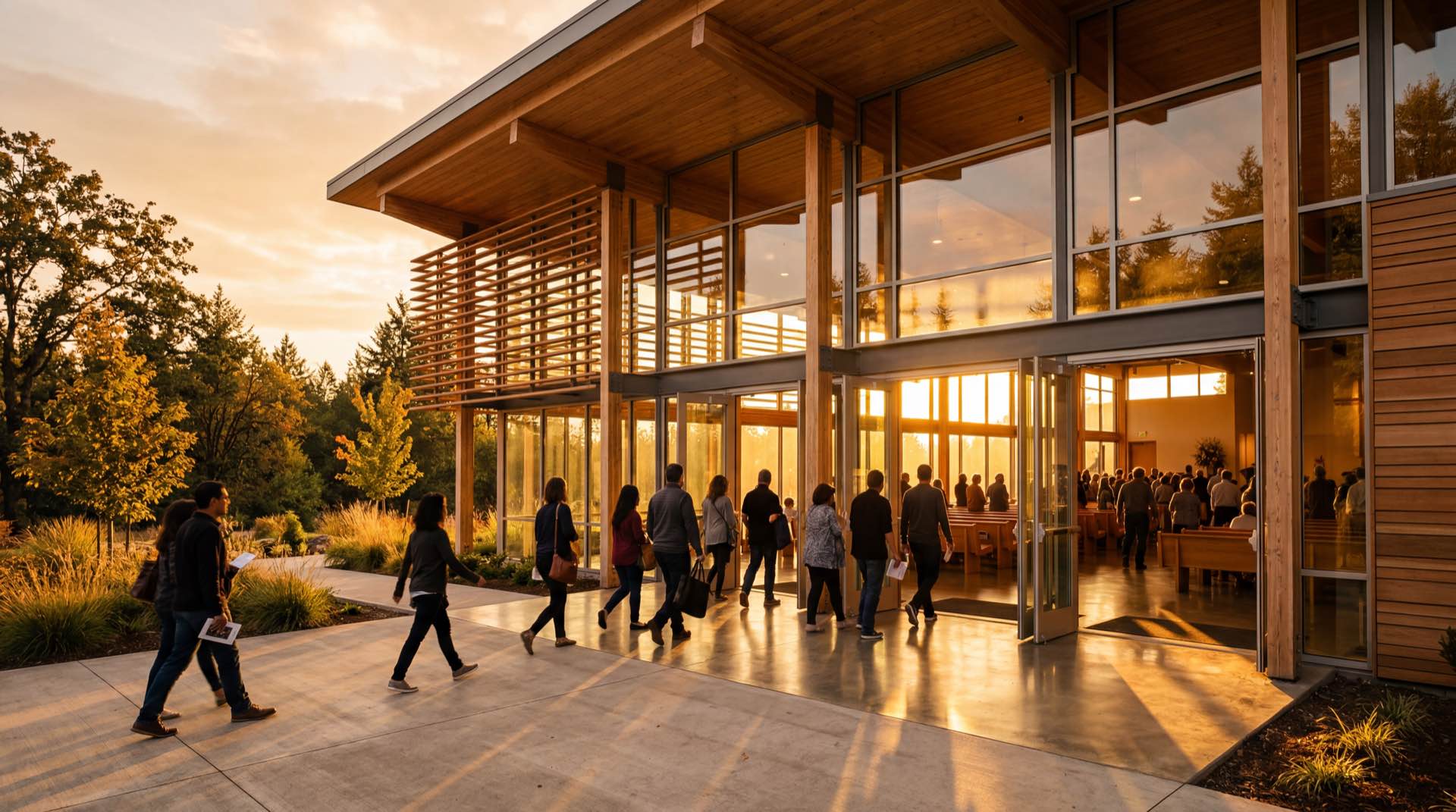 Modern church entrance bathed in golden hour light with congregation arriving