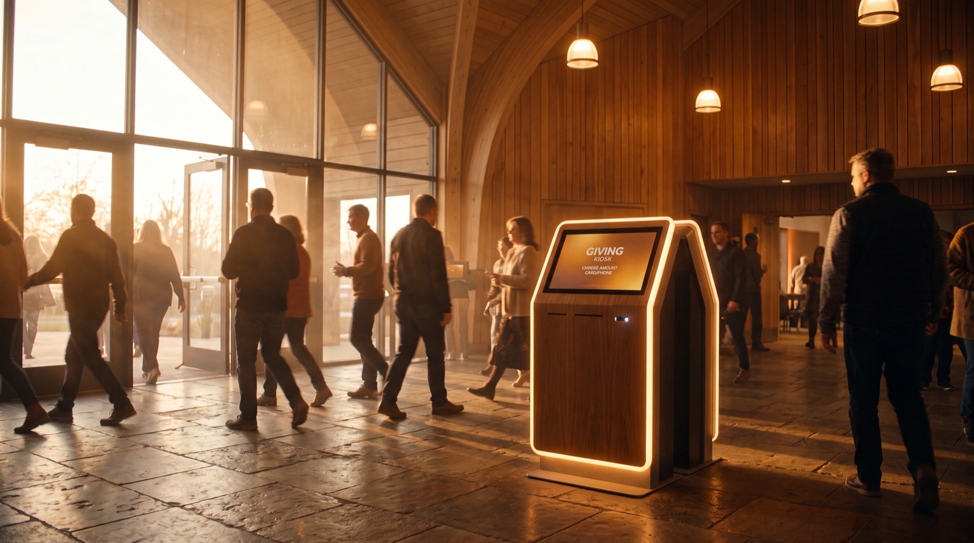 Modern giving kiosk in sunlit church foyer with warm golden light