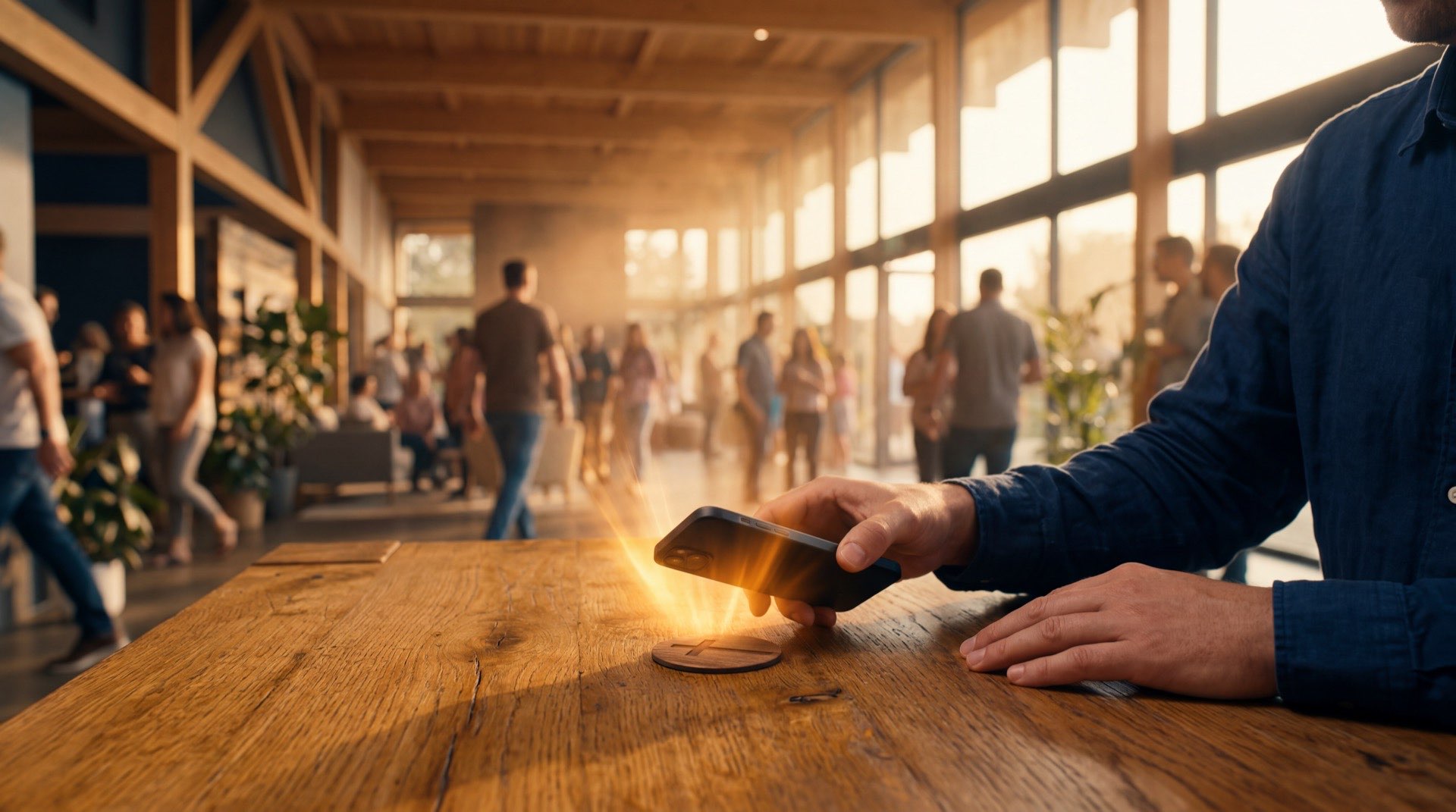 Donor tapping an NFC card to give from their phone in a warm church setting