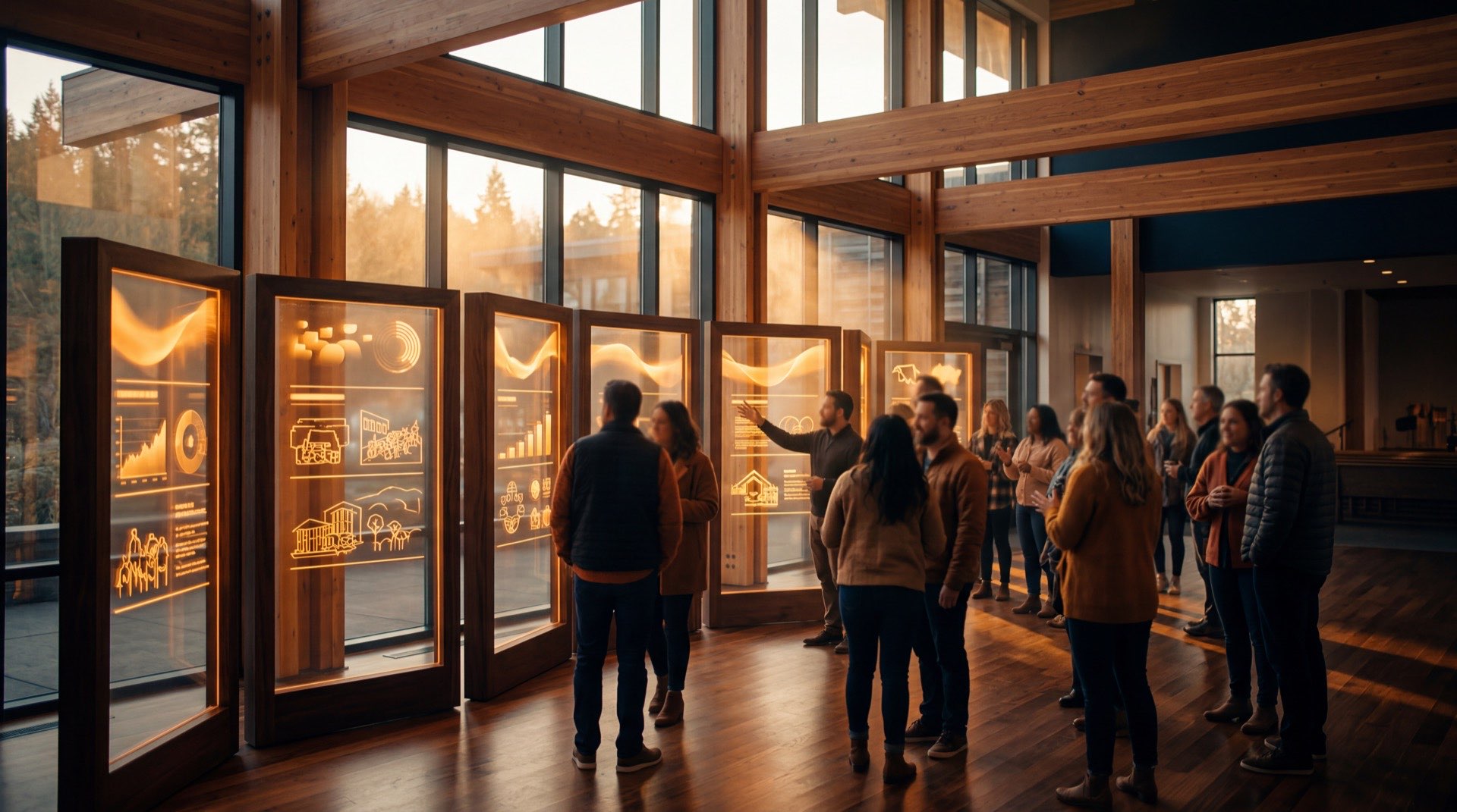 Church community gathering for a campaign launch in warm golden-hour light