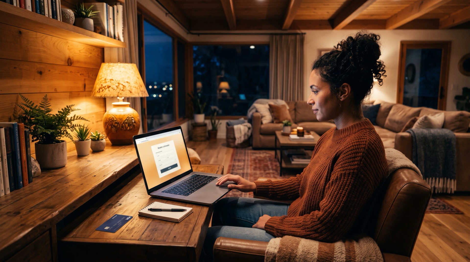 Woman making an online donation from a cozy living room with warm golden light