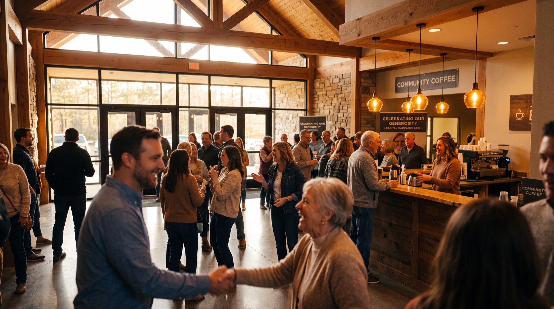 Church congregation gathered in a warm sanctuary during a capital campaign celebration