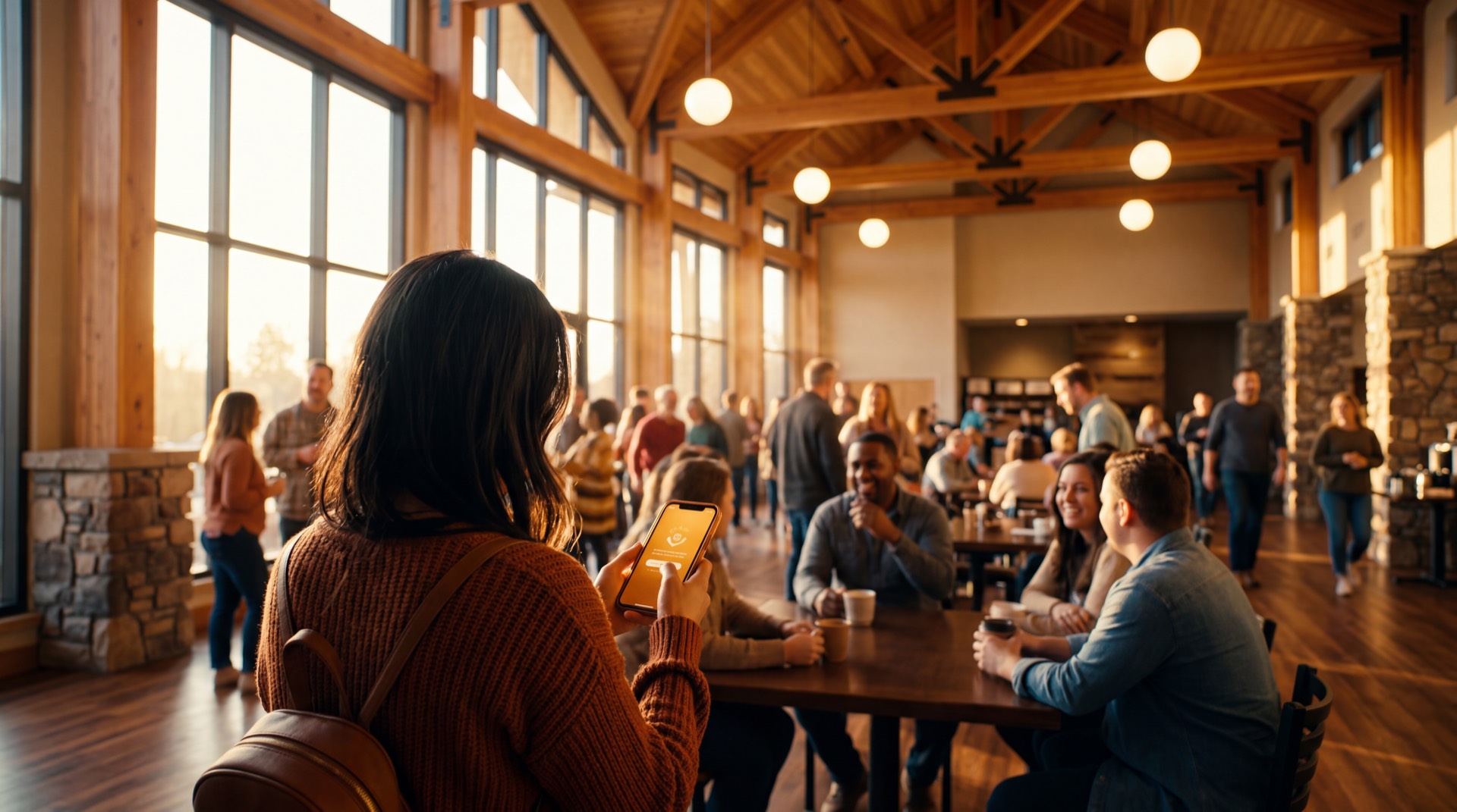 Church gathering space with warm community energy and golden light
