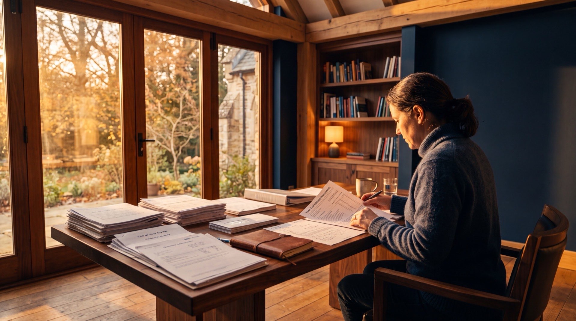 Donor reviewing year-end giving statement in warm church study