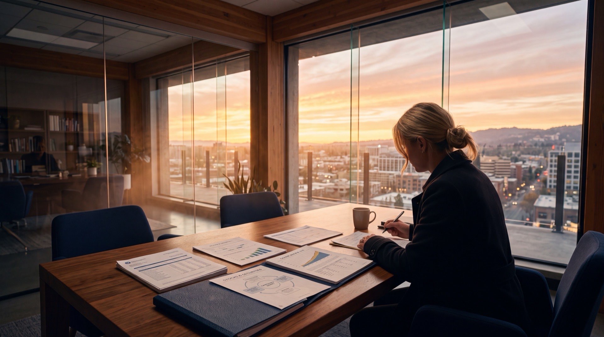 Church financial office with warm golden light representing stock and securities giving
