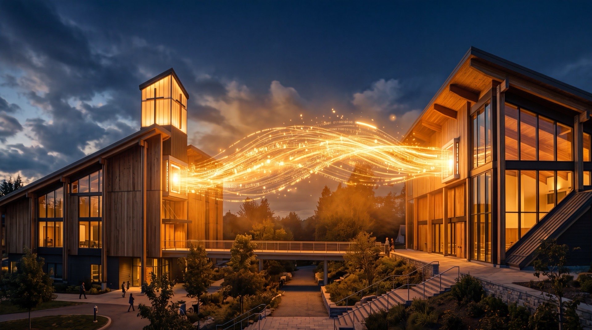 Modern church buildings connected by warm data streams representing ChMS sync