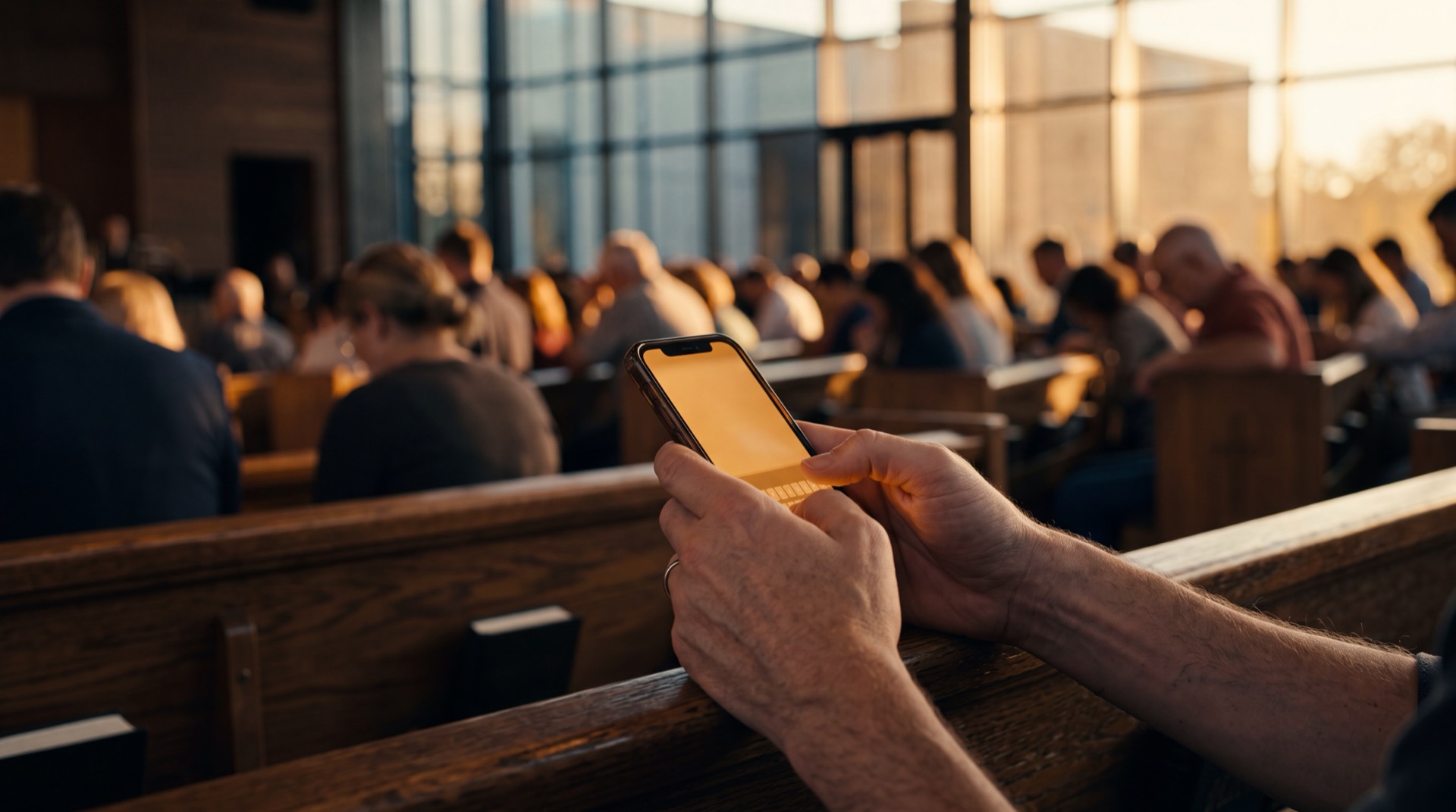 Hands holding phone in warm church pew with amber screen glow