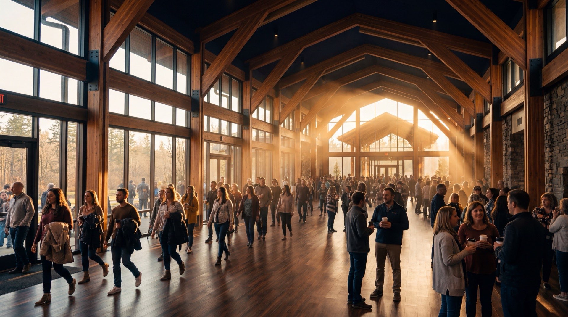 Modern church foyer filled with congregation in warm golden hour light