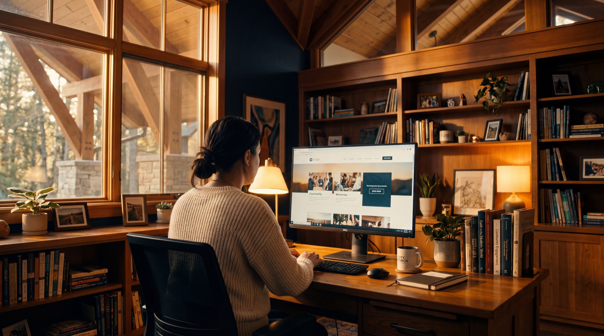 Church office with warm golden light reviewing website giving integration