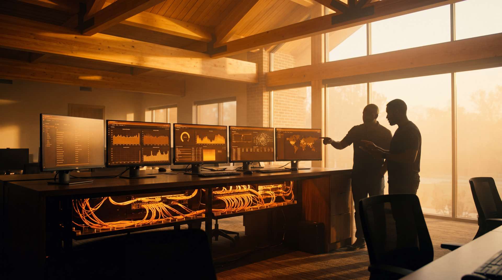 Modern church technology room with warm amber dashboard glow
