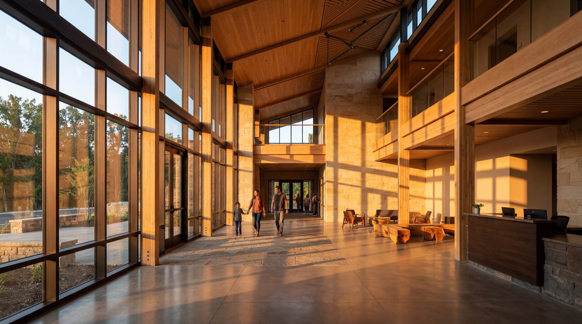 Modern giving kiosk in sunlit church foyer