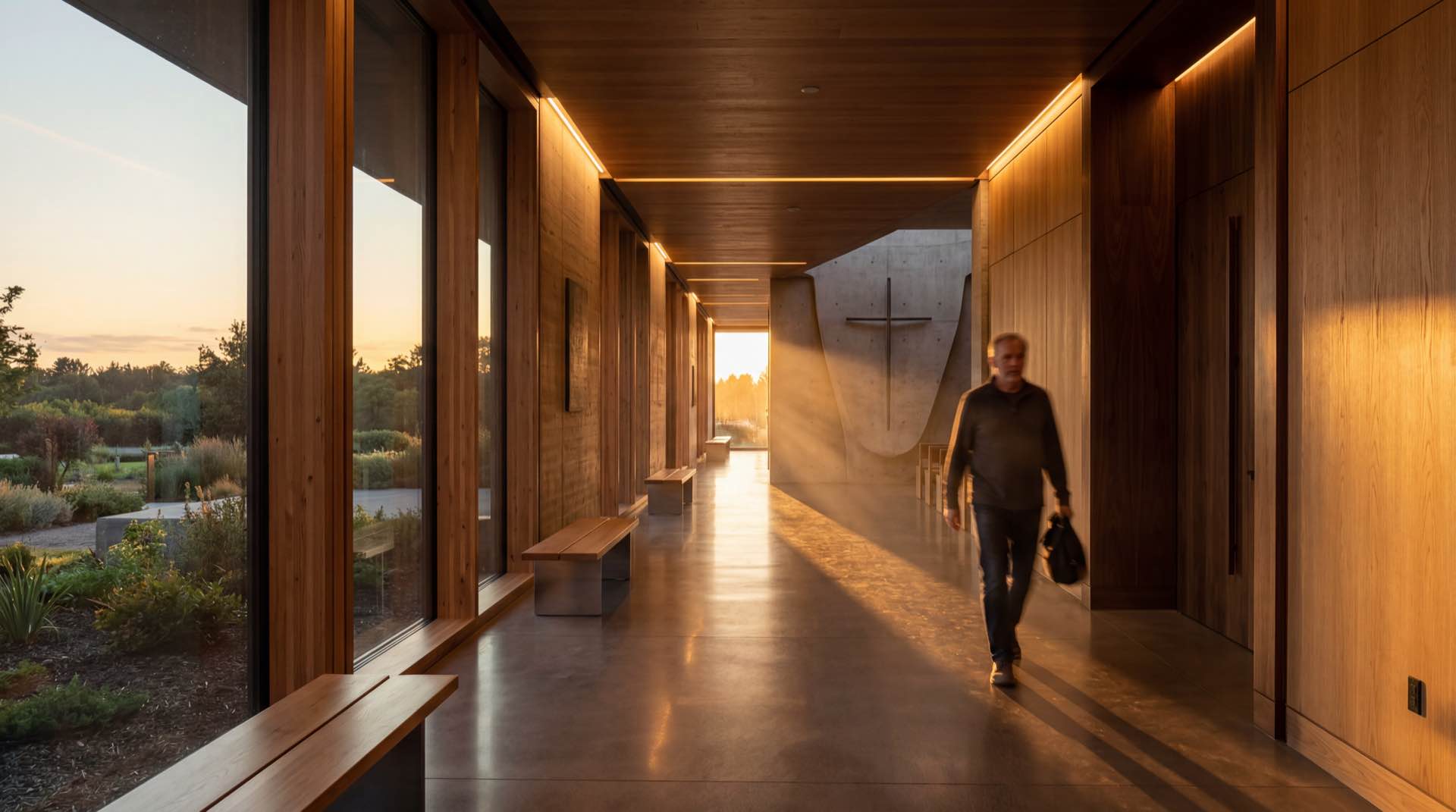 Person walking through warm church corridors with phone