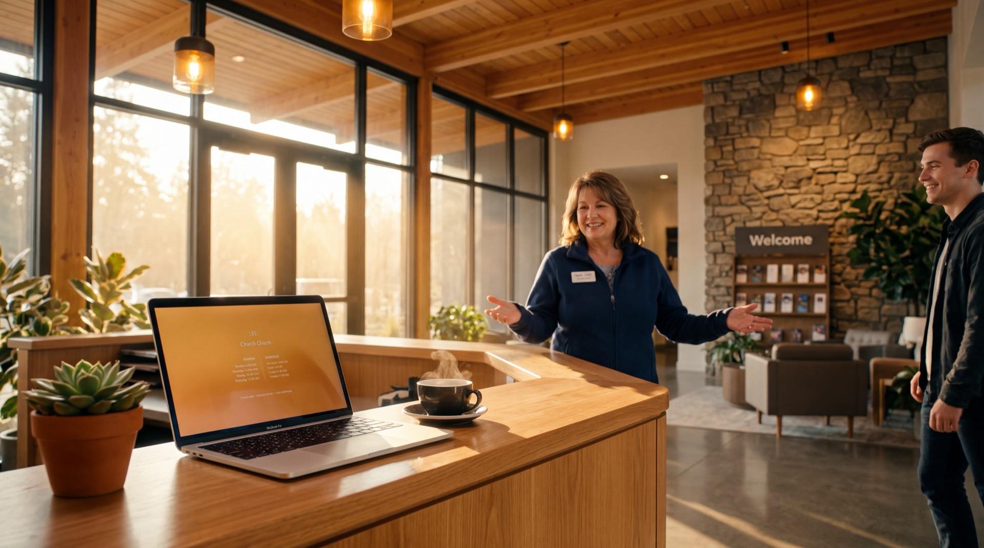 Warm church office welcome center with golden hour light
