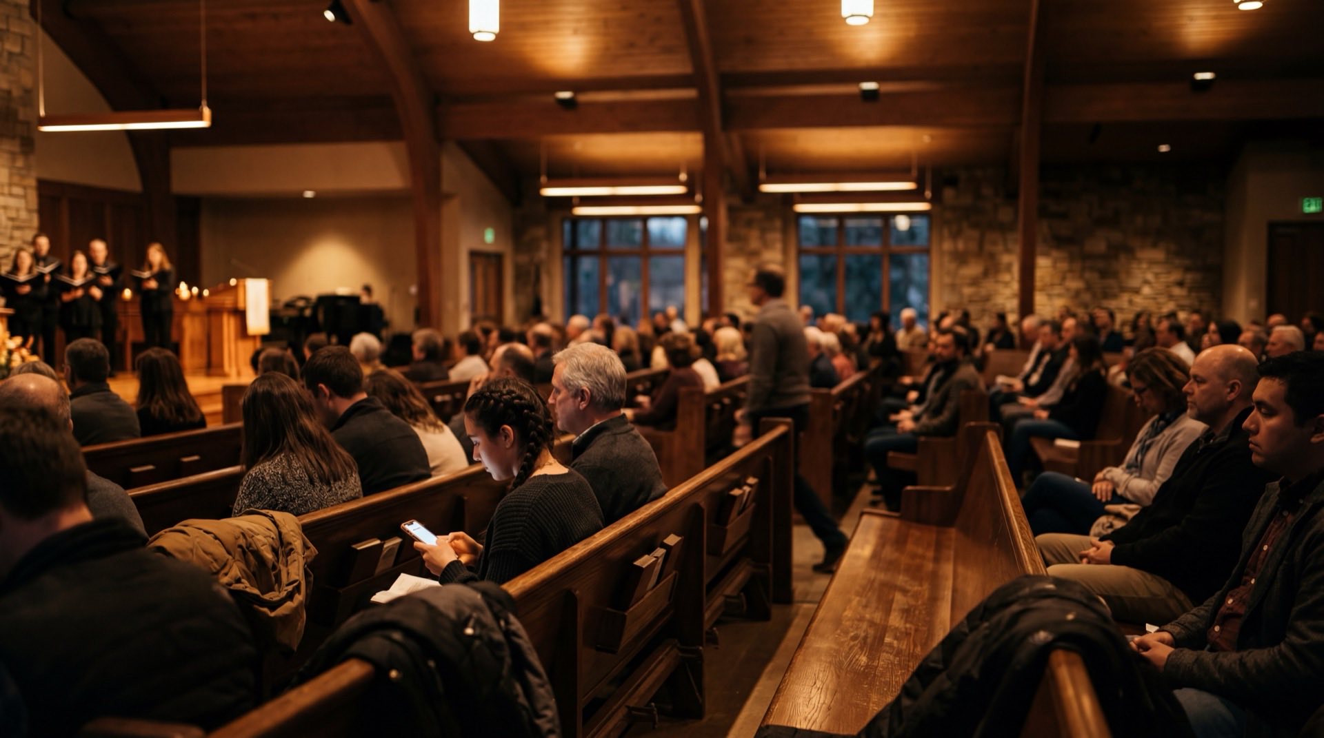 Hands holding phone in church pew with warm golden light